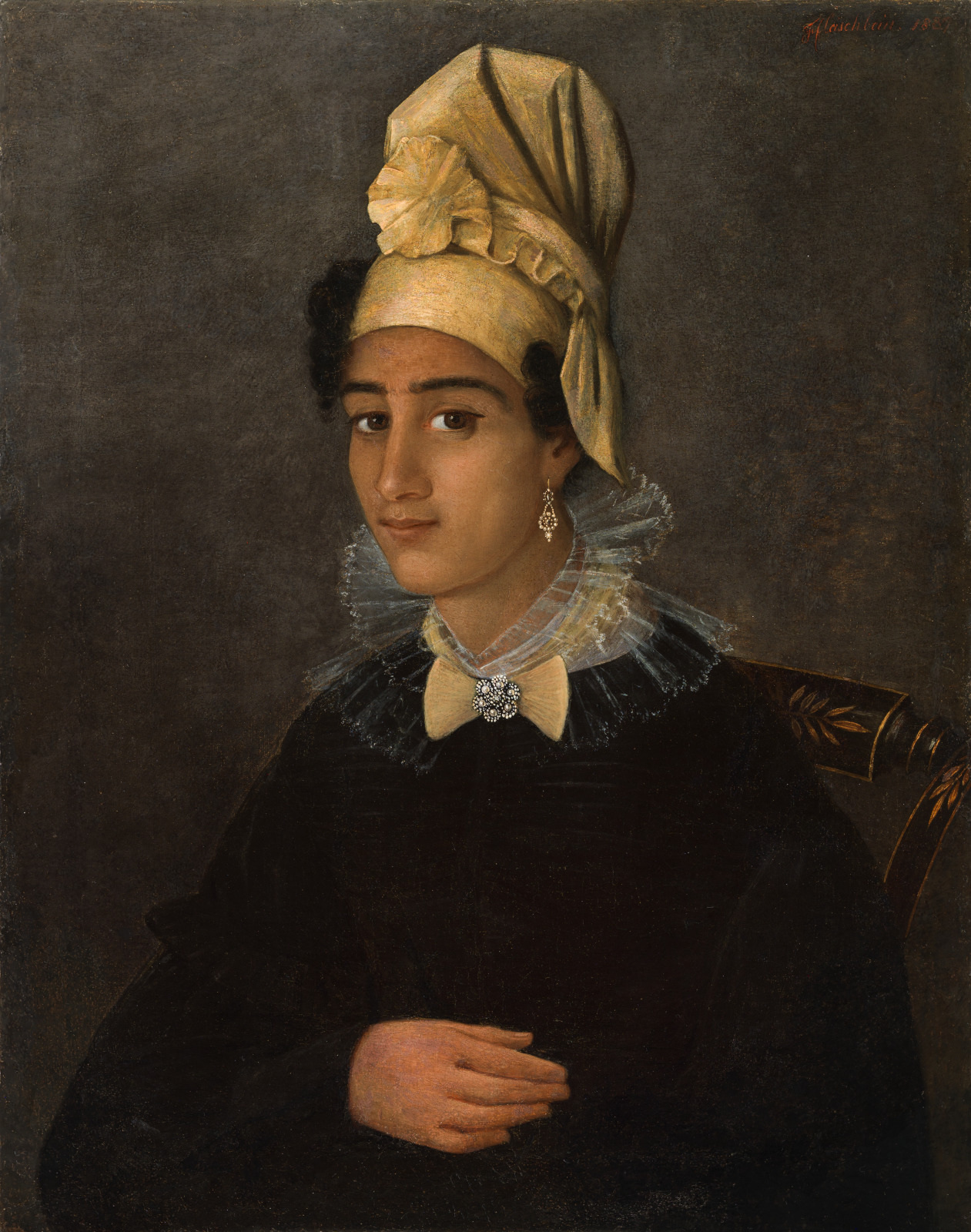 A vintage portrait of a person wearing a dark outfit with a ruffled collar and a large decorative bow. They have curly hair partially covered by an elaborate headpiece, and they are adorned with an earring, sitting against a dark background.