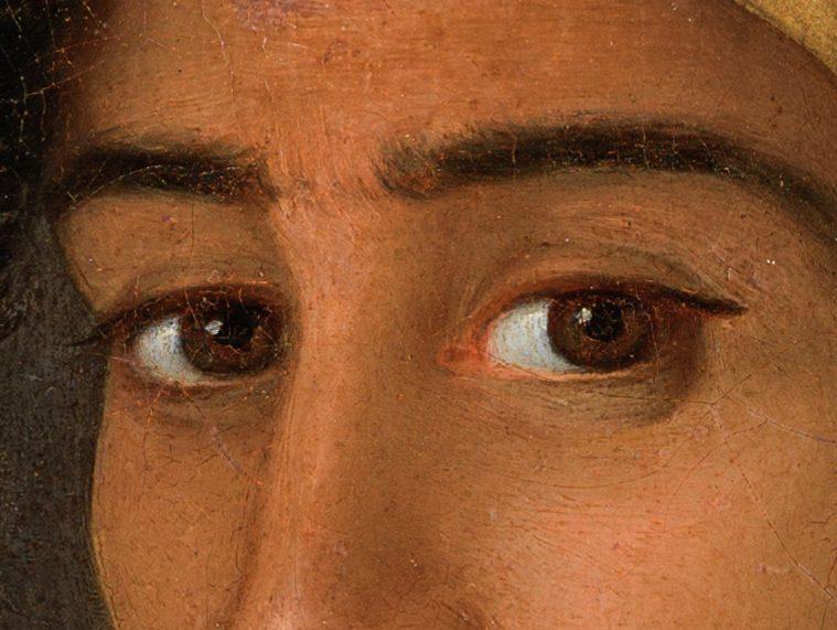 A detailed close-up of a painting showing the expressive eyes of a person. The skin tone is warm, and the eyebrows are dark and prominent. The person is looking slightly to the side, showcasing the artists skill in capturing emotion and detail.