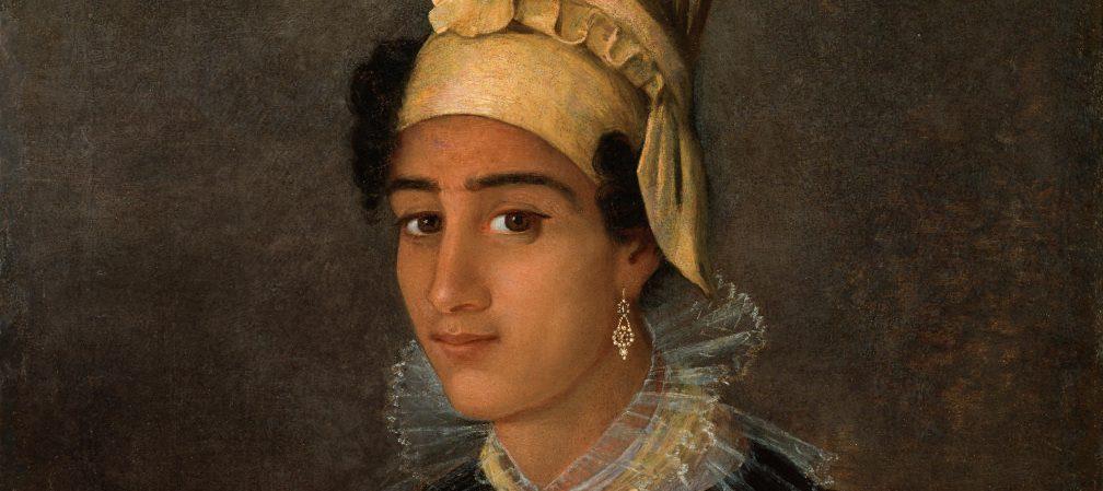 A portrait of a woman wearing a light-colored headwrap, an ornate earring, and a ruffled collar against a dark background. Her expression is calm and composed. The style suggests a historical or classical painting.