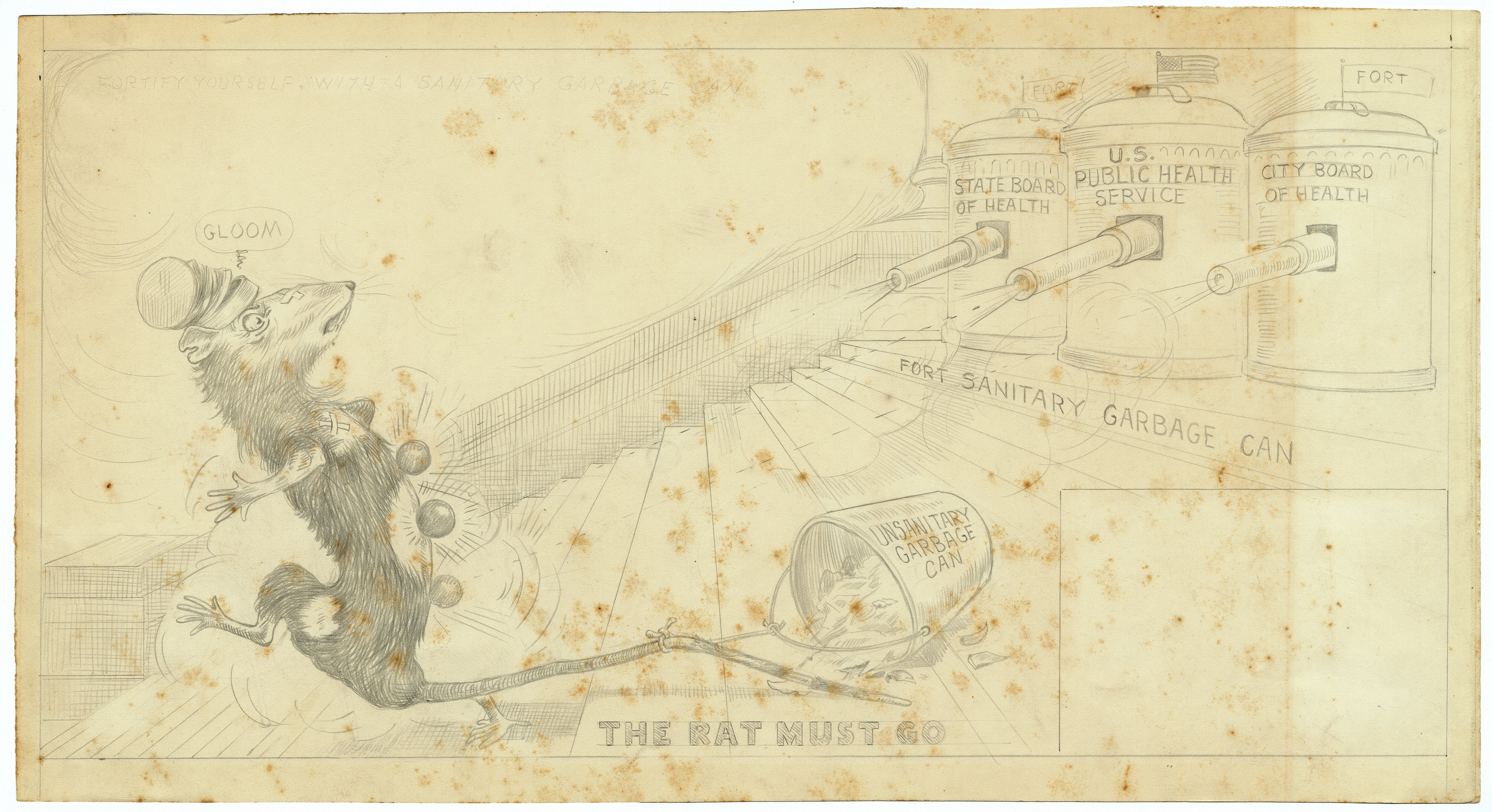 A pencil sketch depicts a rat labeled Gloom climbing stairs labeled The Rat Must Go. Its facing three pipes labeled State Board of Health, U.S. Public Health Service, and City Board of Health, targeting an Unsanitary Garbage Can.
