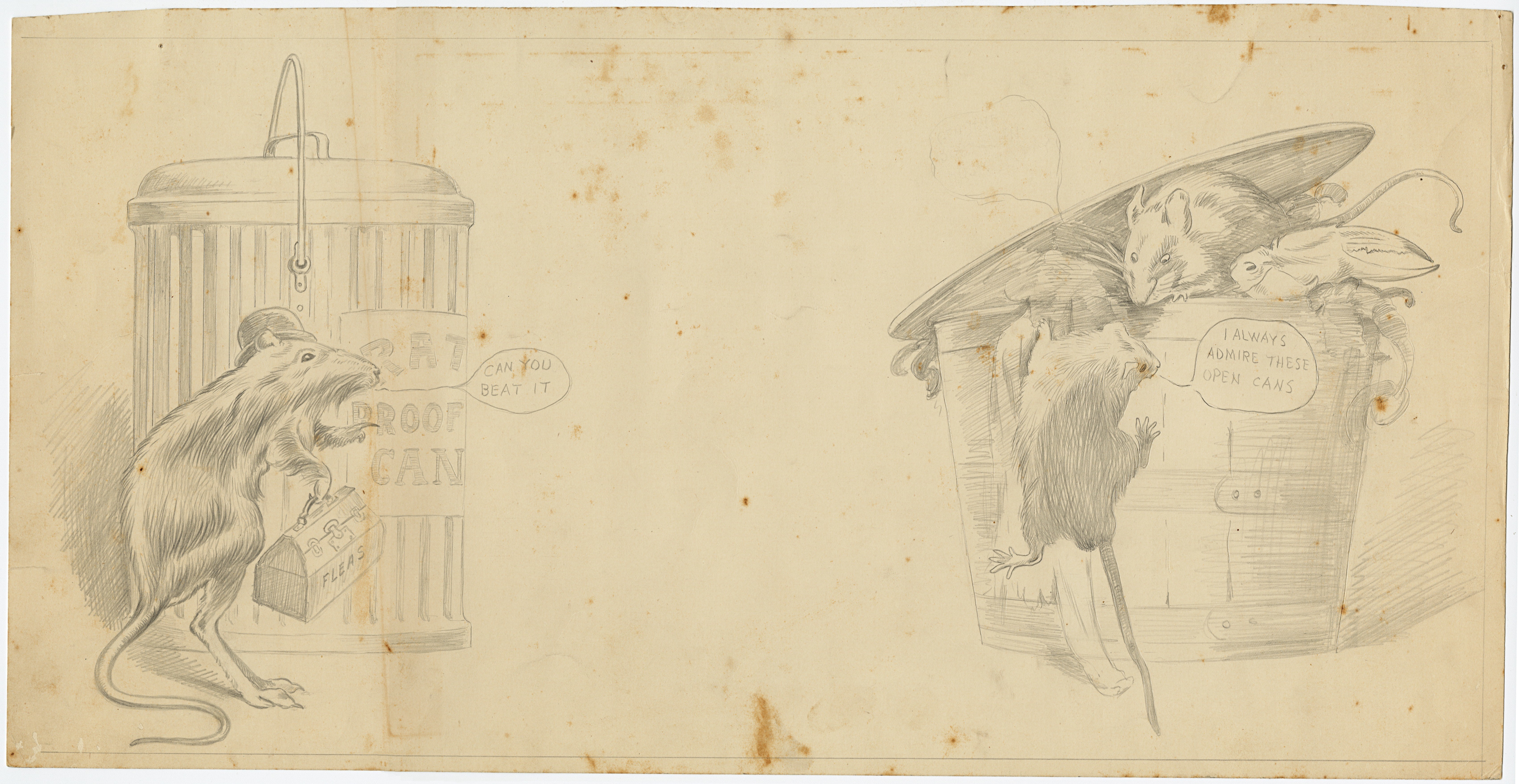 A pencil drawing of rats gathered around and inside open garbage cans. One rat holds a box labeled Roquefort. Speech bubbles read Can you beat it? and I always raided their open cans. The scene is on a blank background.