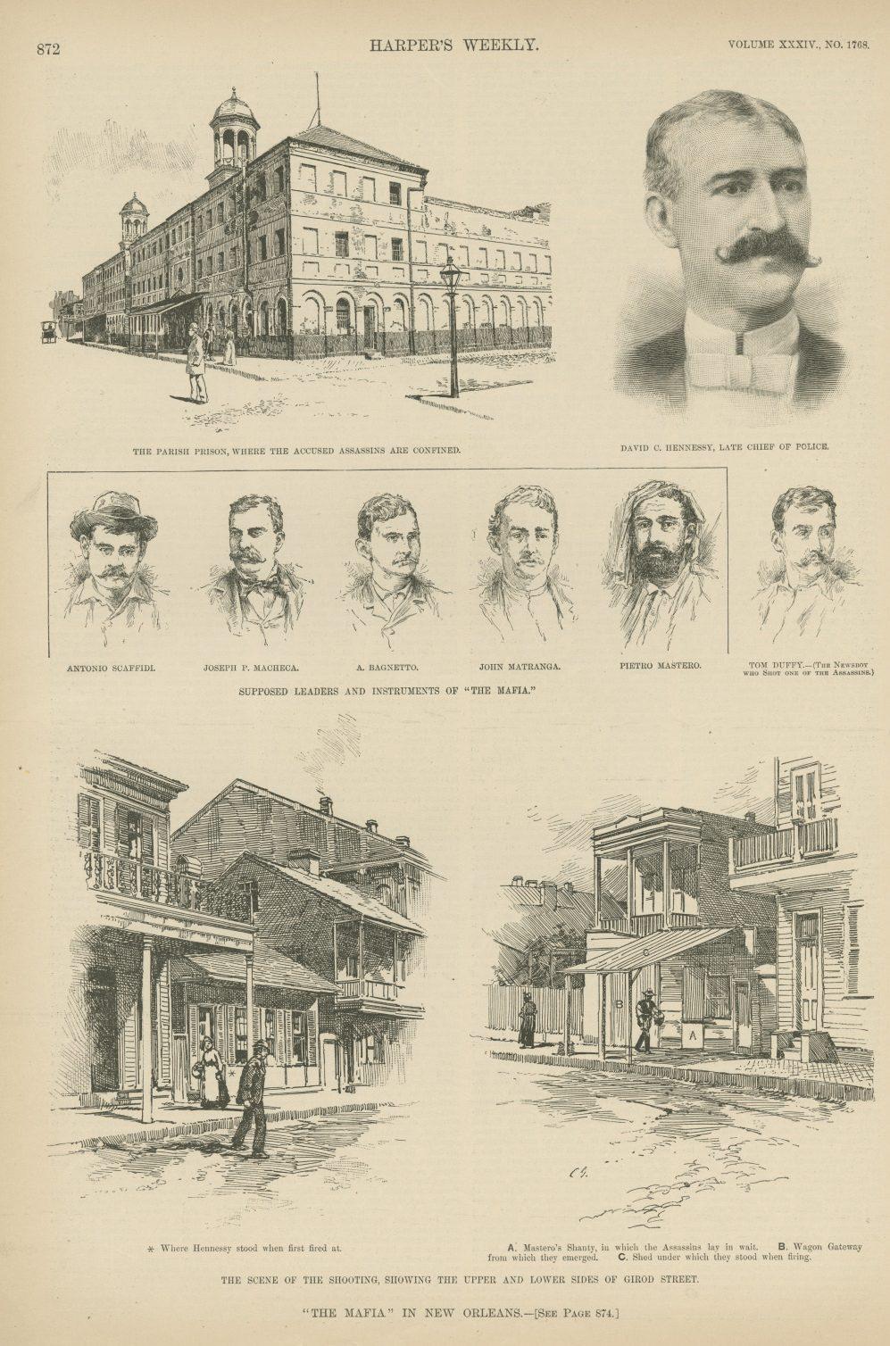 A vintage Harpers Weekly page featuring illustrations of buildings and individuals related to The Mafia in New Orleans. Includes a courthouse, individuals like David C. Hennessy, and street scenes depicting historic architecture.