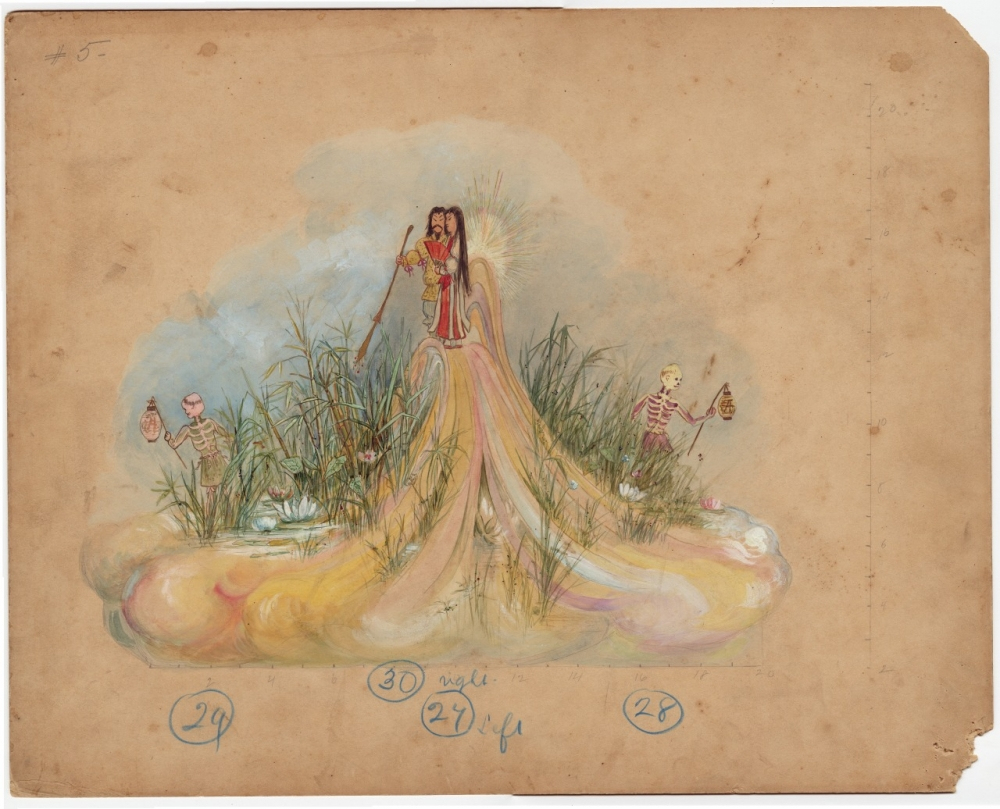 An artistic painting depicts a mystical figure in a flowing gown surrounded by tall grasses. Two smaller figures stand on either side, each holding a lantern. The scene conveys a dreamlike and ethereal atmosphere.