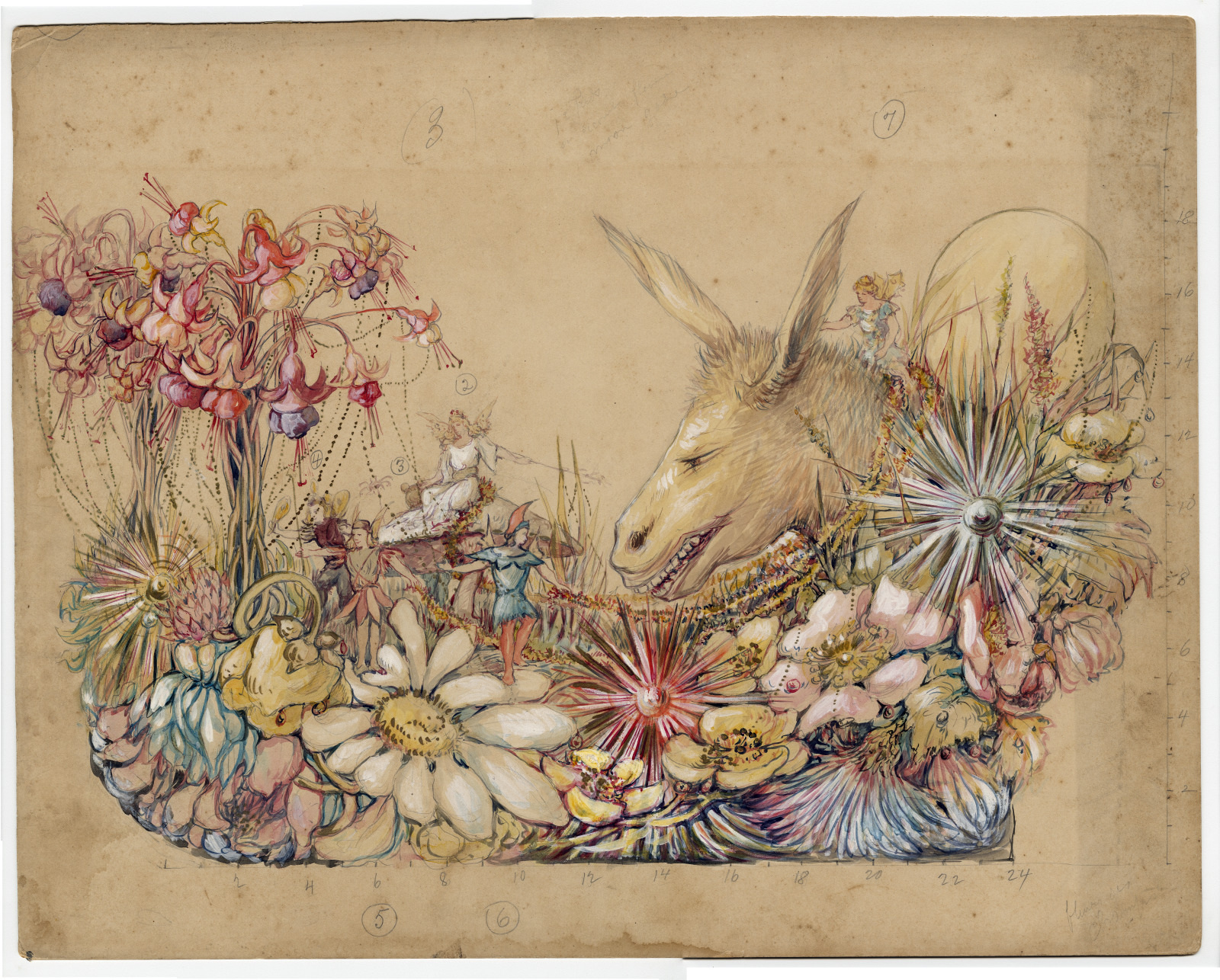 A whimsical illustration featuring a large donkeys head surrounded by various flowers and plants. Tiny figures, possibly fairies, interact with the flora. The scene is detailed and colorful, conveying a fantasy garden atmosphere.