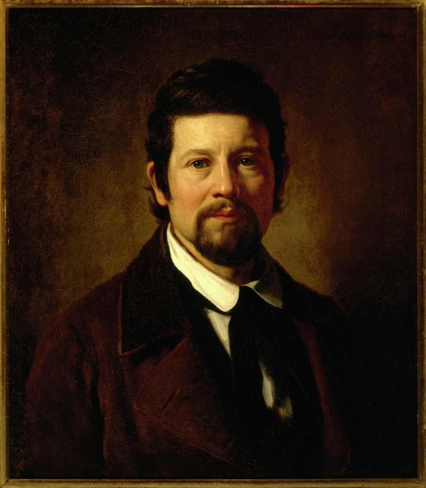 A classic oil painting portrait of a man with dark hair and a beard, wearing a brown coat, white shirt, and black necktie, set against a dark background.