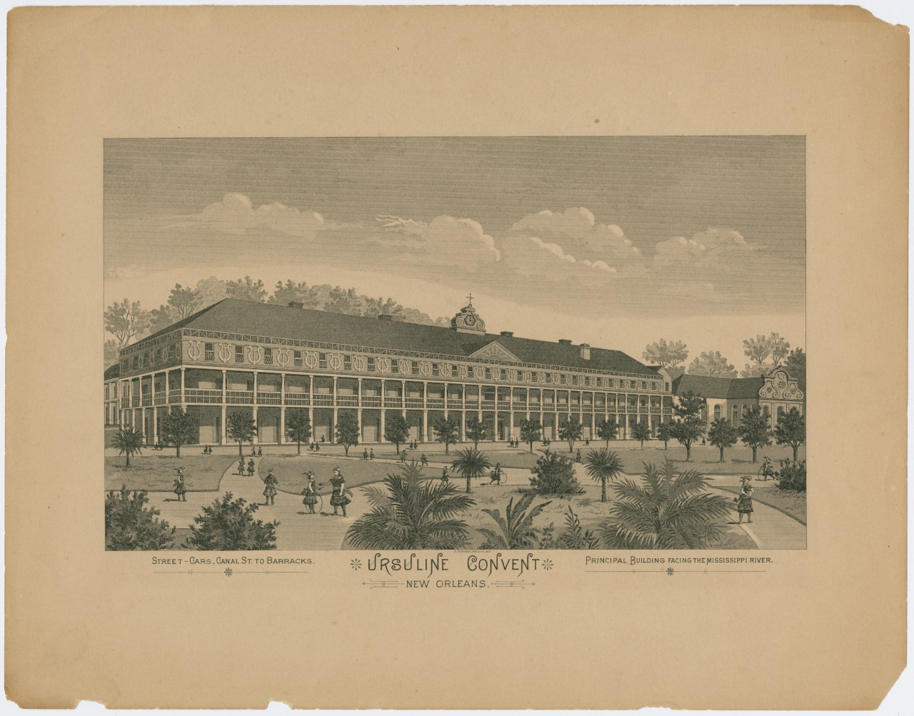Vintage illustration of the Ursuline Convent in New Orleans, showcasing a large, detailed building with multiple windows and a spacious courtyard, surrounded by trees and a few clouds in the sky.