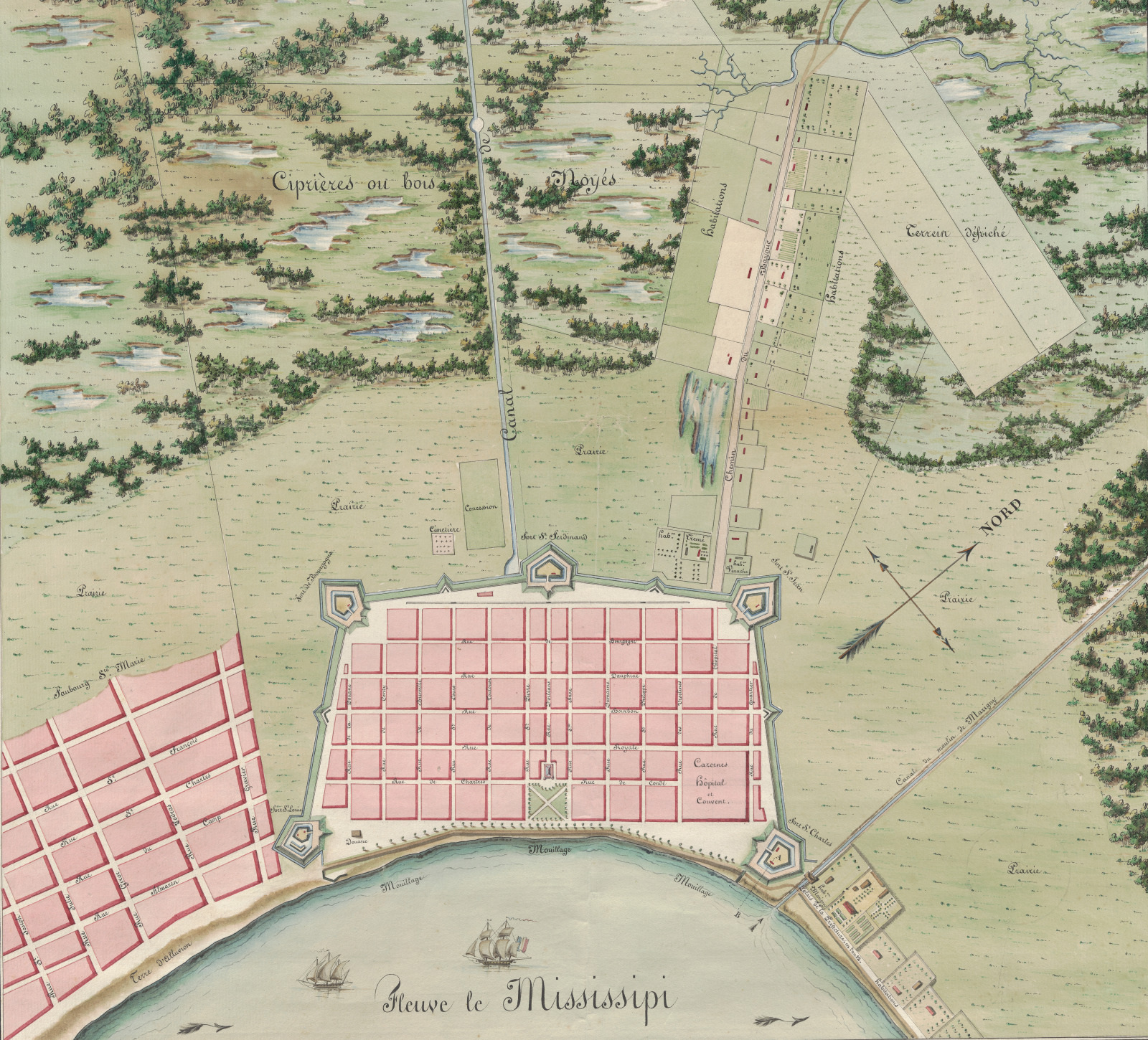 Old map depicting a planned layout of a city along the Mississippi River. The city grid is meticulously drawn with labeled streets and blocks. Surrounding areas feature swamps and agriculture fields. The river is illustrated at the bottom.