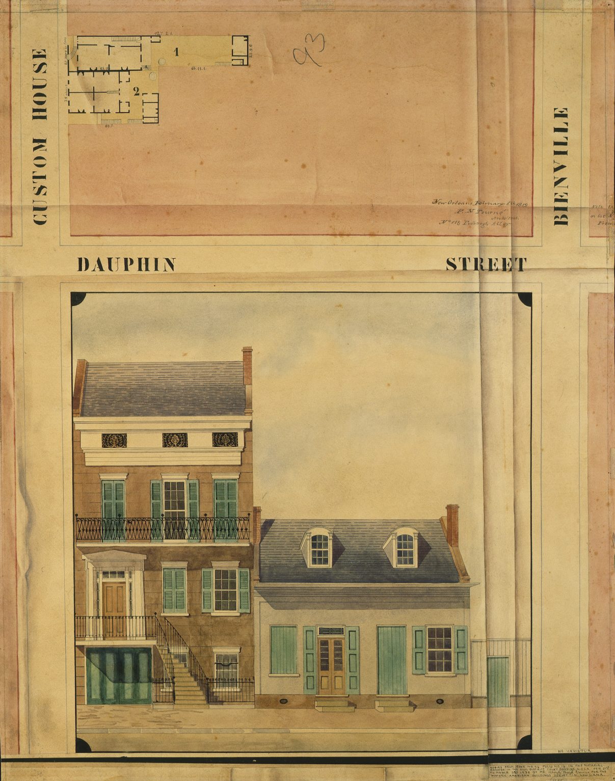 Illustration showing plans and elevation of a two-story house with basement and attic next to a Creole double shotgun home in the French Quarter.