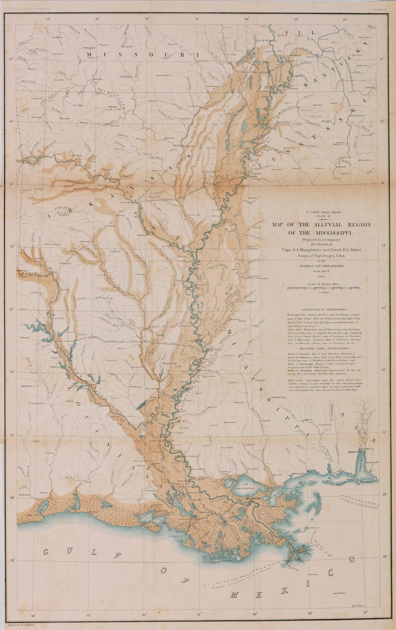 Historic map depicting the alluvial region of the Mississippi River, showcasing detailed river courses and surrounding topography. The Gulf of Mexico appears at the bottom. Text and scale are included on the right side of the map.