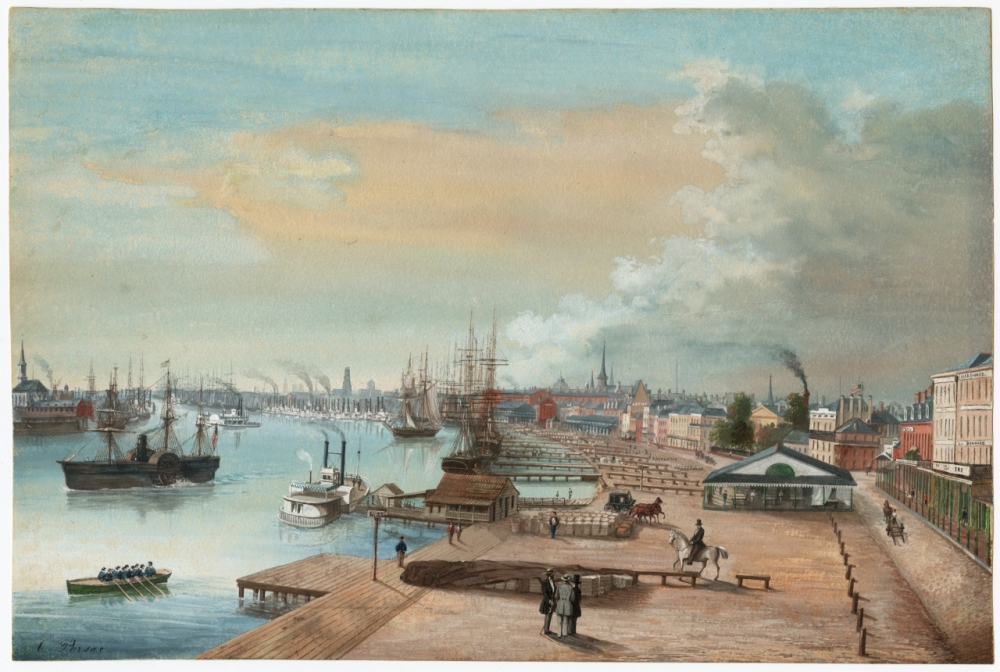 A 19th-century harbor scene depicting a bustling port. Ships are anchored along the docks, with people walking and a horse-drawn carriage nearby. Smoke rises from chimneys, and buildings line the waterfront under a partly cloudy sky.