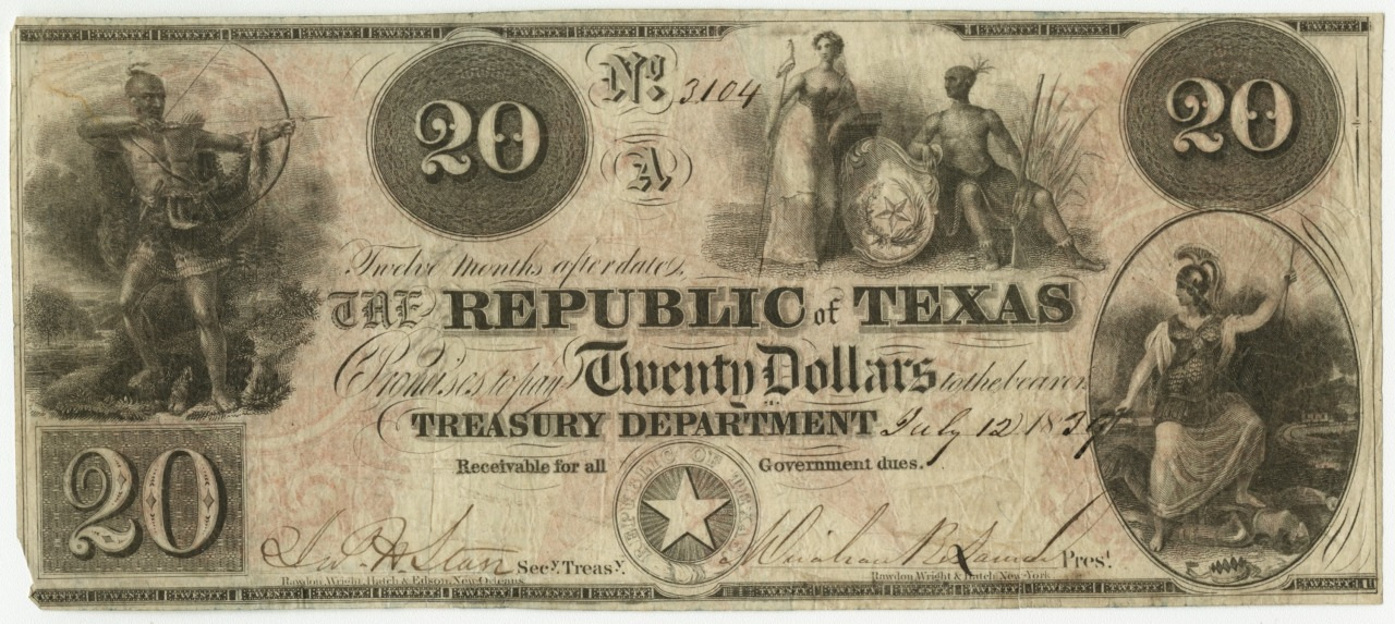 An old $20 banknote from the Republic of Texas, dated January 12, 1841, featuring various detailed illustrations including an archer, seated figures, and decorative borders.