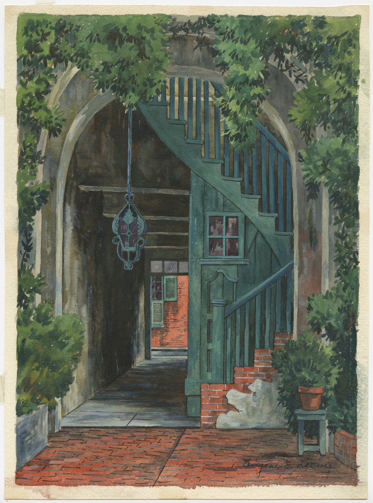 A watercolor painting of a charming courtyard with a green wooden staircase, surrounded by lush greenery. A hanging lantern adds to the rustic atmosphere. In the background, an arched entryway leads to a sunlit brick wall.
