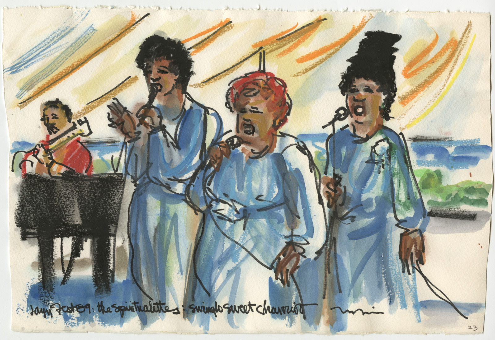 A watercolor illustration showing four performers on stage. Three women, dressed in blue, are singing into microphones, while a musician in the background plays a keyboard. The scene is vibrant, with a lively atmosphere.