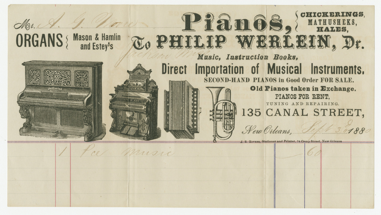 Vintage advertisement for Philip Werlein, featuring illustrations of pianos and organs. Text includes brands like Mason & Hamlin and mentions the store address at 135 Canal Street. Handwritten notes are visible at the top.
