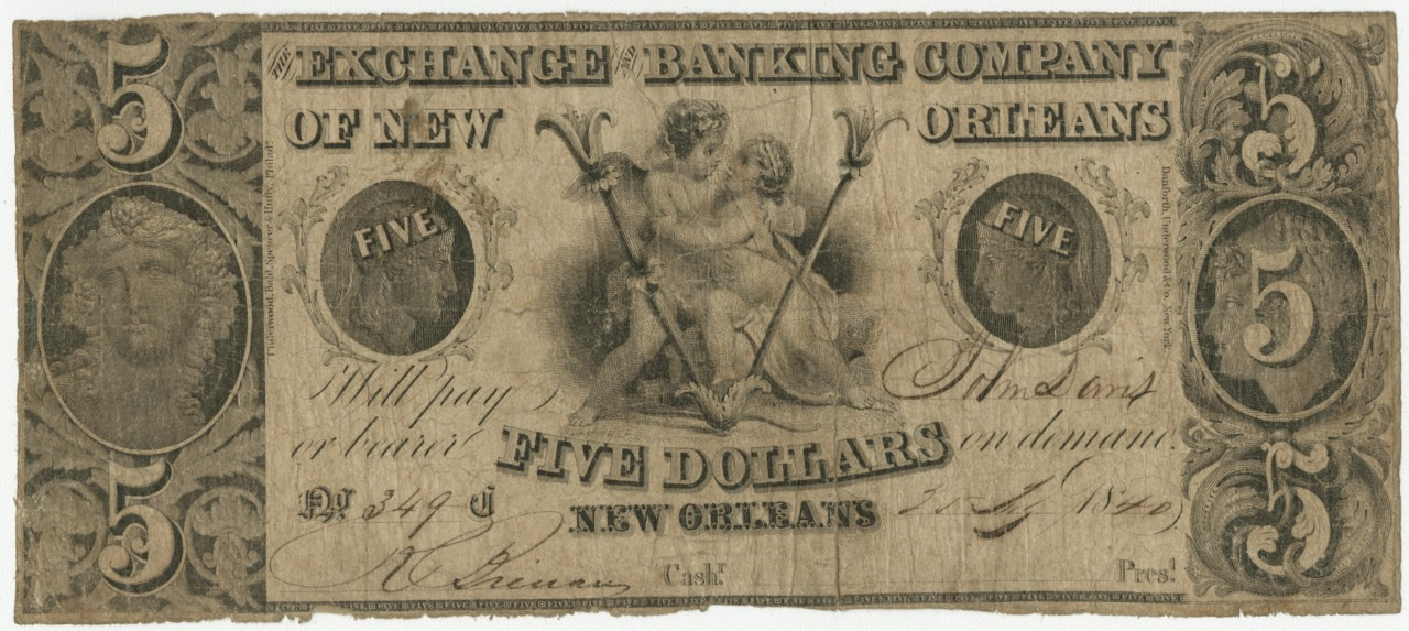 A vintage five-dollar banknote from the Exchange Banking Company of New Orleans, featuring a central engraving of two cherubs holding a shield. The note is ornate, with the number 5 in each corner and signatures at the bottom.