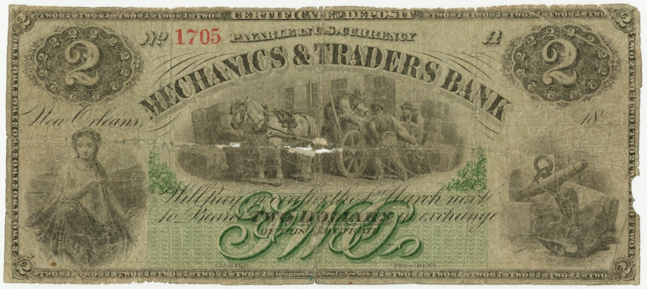 An old two-dollar banknote from Mechanics & Traders Bank, featuring a horse-drawn carriage, ornate green numbering, and decorative designs on the left and right sides. The text indicates the note as payment on demand and is numbered 1705.