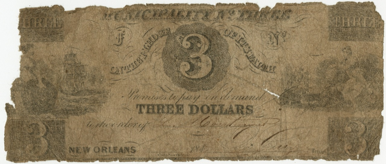 A worn and faded three-dollar banknote from New Orleans featuring intricate designs and text. The note displays Municipality No. 3 and Tres Dollars along with decorative elements and a signature.