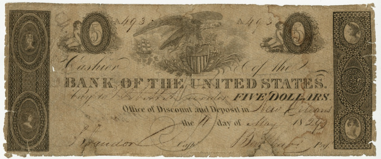 An aged $5 banknote from the Bank of the United States, dated May 1, 1829, with an eagle emblem at the top. The note shows decorative borders and inscriptions, and the wear indicates its historical use.