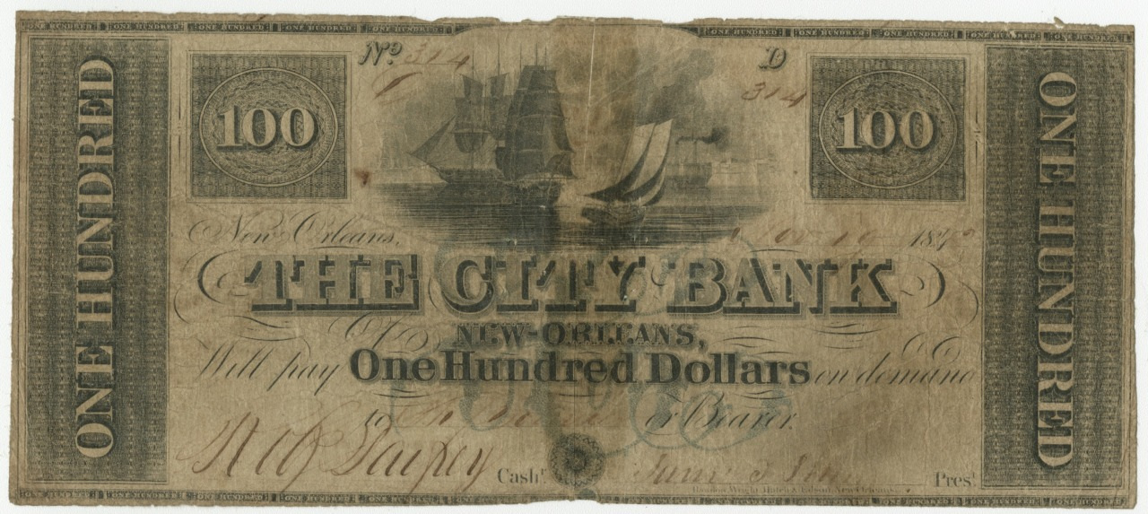 An old New Orleans City Bank one hundred dollar bill, featuring a central illustration of a sailing ship. The bill is worn and aged, with ornate typography and the denomination 100 on the corners.