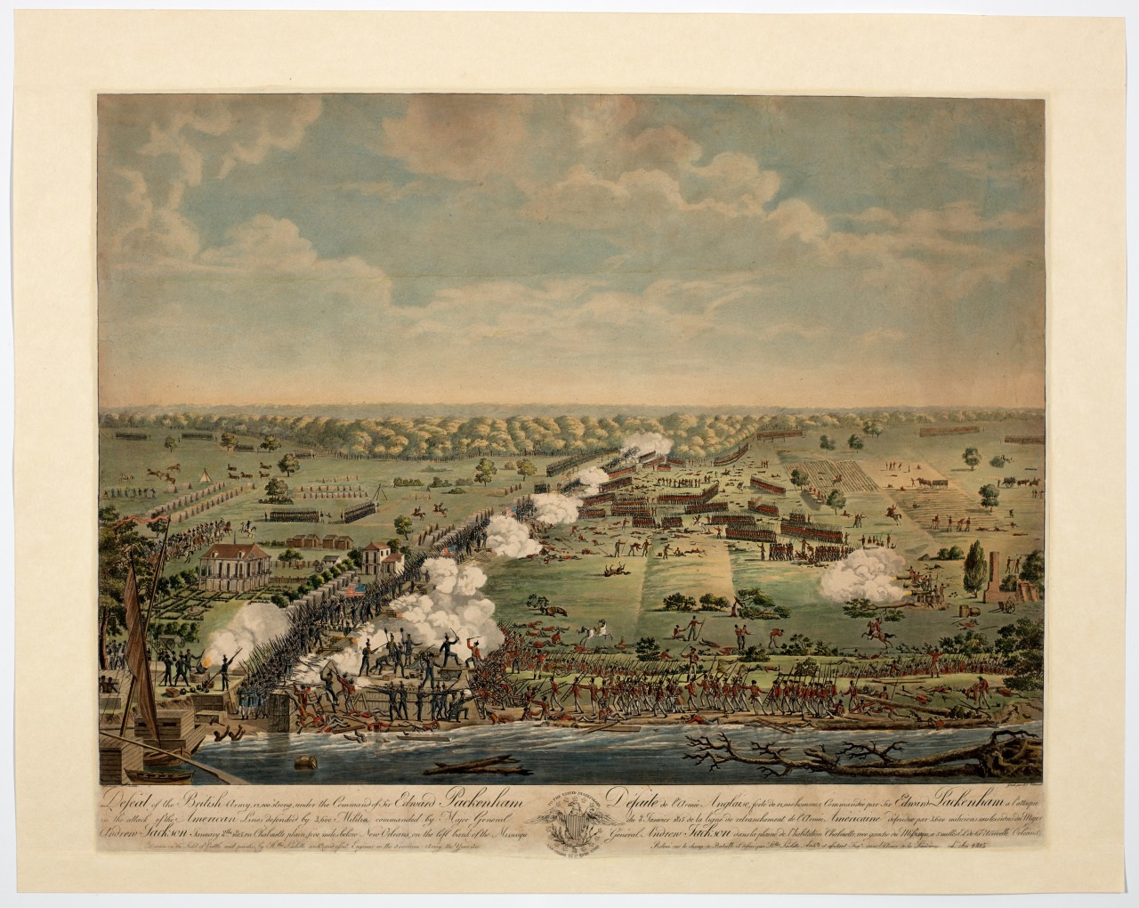 Historical illustration of a battlefield depicting troops engaged in combat with smoke from gunfire. The scene includes soldiers, horses, trees, and a river in the foreground, with an expansive landscape under a partly cloudy sky.