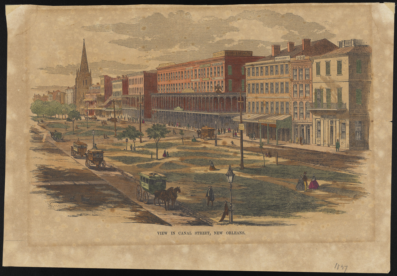 A vintage illustration of Canal Street, New Orleans, showing horse-drawn carriages on the street, pedestrians strolling, and rows of detailed buildings with a church steeple in the background. The scene is lively and bustling.