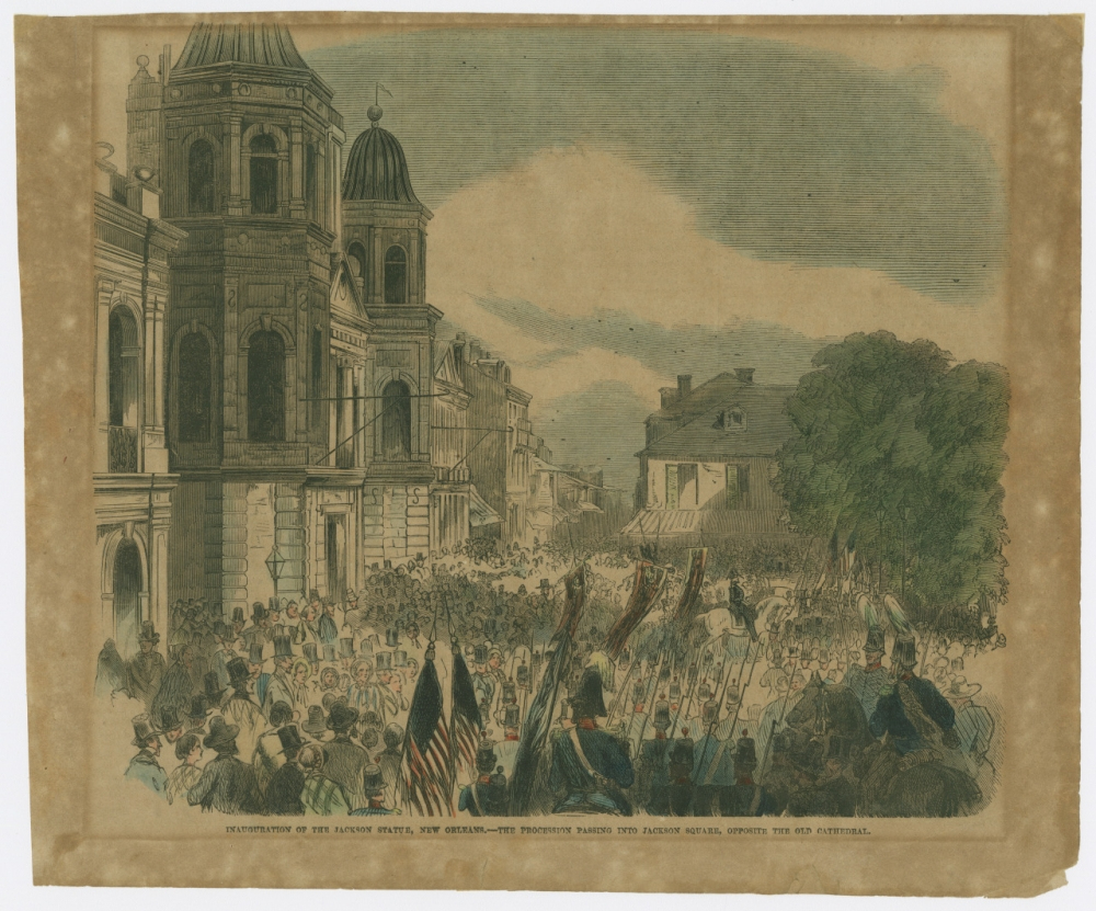 Illustration of a large crowd gathered on a street in front of a grand building with domes. People wave flags and hold banners, creating a lively atmosphere. Buildings and trees are visible in the background under a partly cloudy sky.
