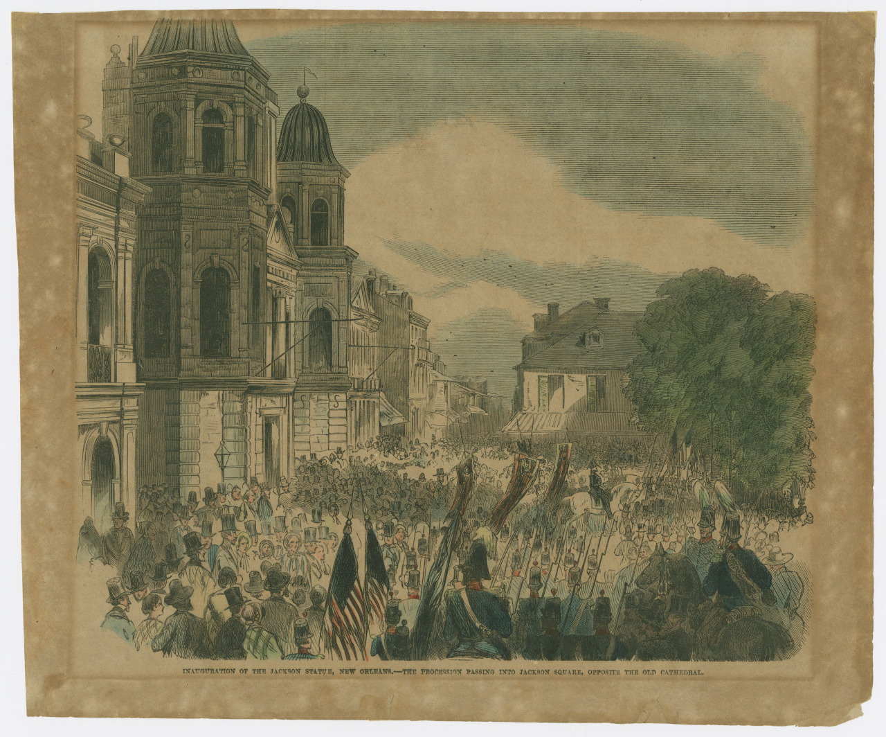 Historical illustration depicting a large, lively crowd celebrating on a street in front of a grand building in New Orleans. People wave American flags and banners, with trees and smaller buildings in the background.