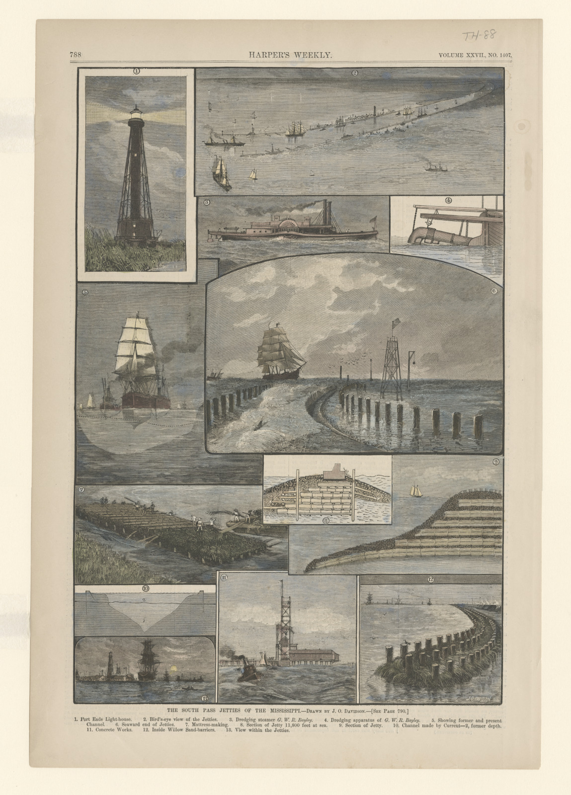 An engraving from Harper’s Weekly depicts the jetties that were built to redirect the Mississippi River.