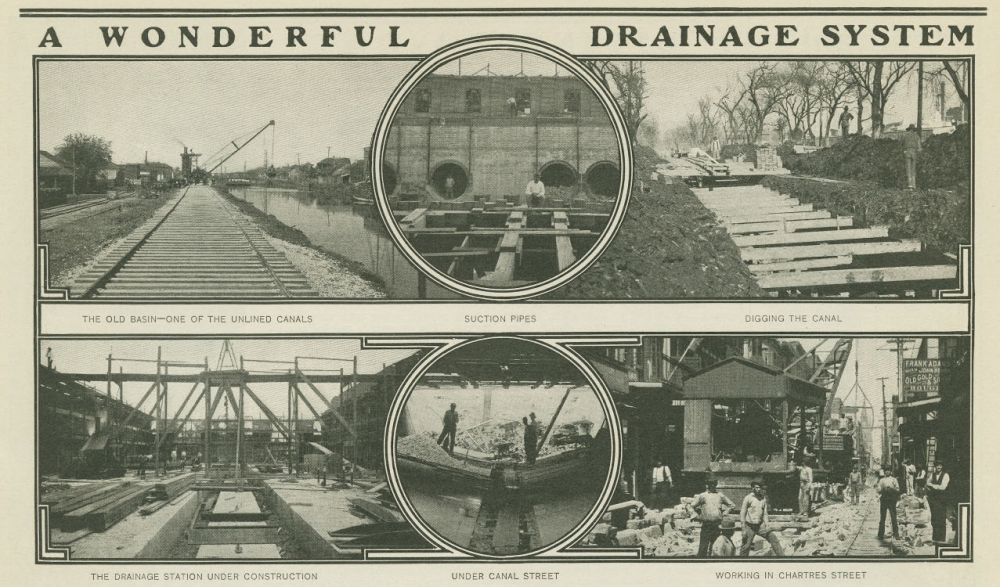 Vintage illustration showcasing a drainage system, including canals under construction, suction pipes, and workers. Four images depict various stages of the process, highlighting infrastructure development and labor activities.