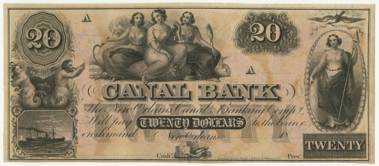 An old $20 Canal Bank note with intricate designs. It features three allegorical figures at the center, cherubs with a shield, and a sailing ship. The denomination is displayed in all corners with TWENTY DOLLARS in the center.