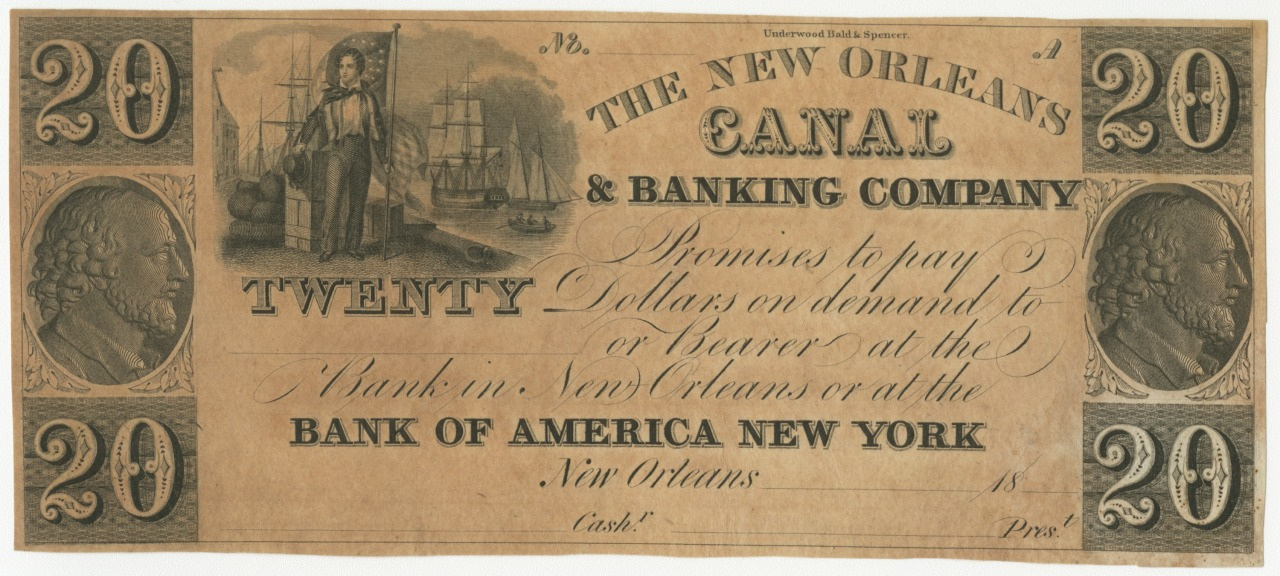 An old New Orleans Canal & Banking Company twenty-dollar note featuring intricate designs, including a sailing ship and portraits. The text includes payment promises and specifies the Bank of America in New York and New Orleans locations.