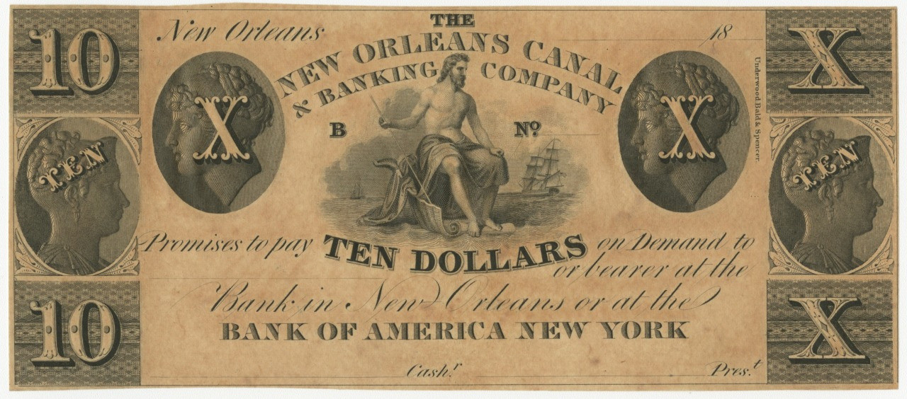 Antique ten-dollar banknote from the New Orleans Canal & Banking Company, featuring the image of a seated figure with a ship in the background. Two cameo profiles are depicted on either side, with decorative patterns and TEN text.