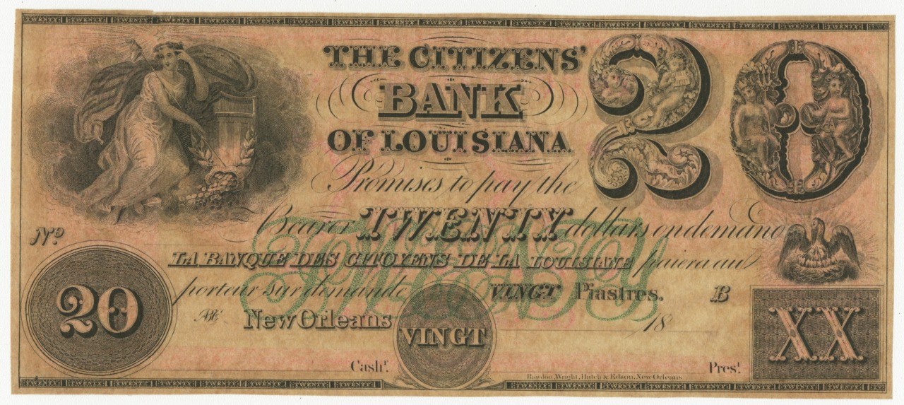 An ornate vintage banknote from The Citizens Bank of Louisiana, valued at twenty dollars or vingt piastres. It features intricate designs, including a seated female figure on the left, and bold numerical values on the right and corners.