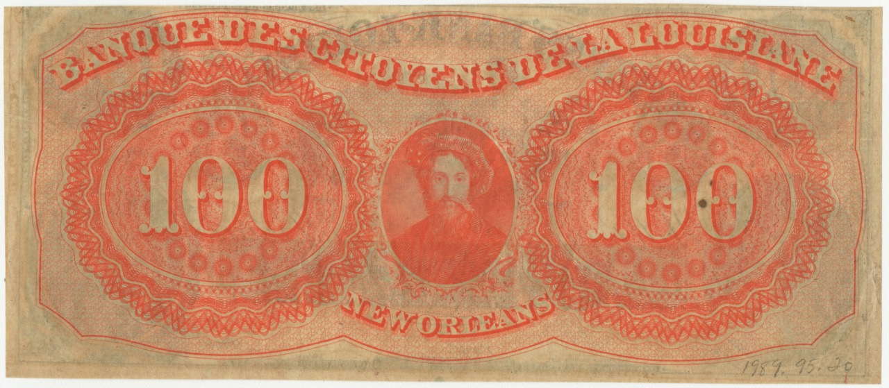 A vintage banknote from the Banque des Citoyens de la Louisiane features ornate red designs, two large 100 denominations, and a central portrait. The note includes the text New Orleans at the bottom.