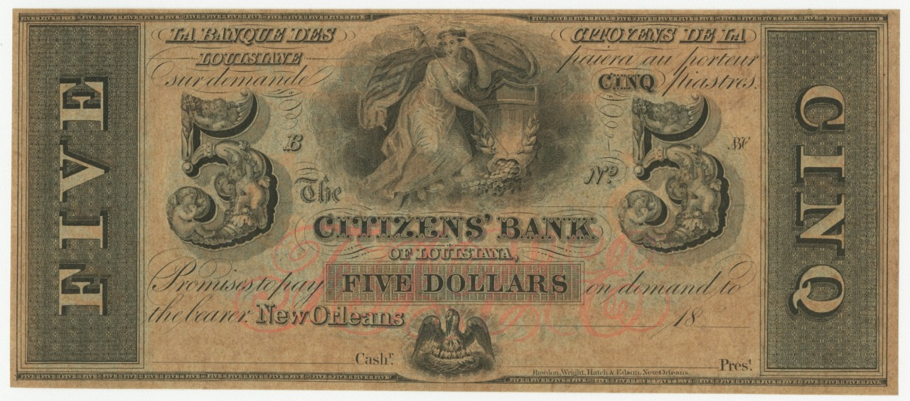 An old five-dollar banknote from the Citizens Bank of Louisiana. It features intricate designs, a central illustration of a woman with a shield, and the text FIVE and CINQ on the sides. The note is primarily beige and brown.