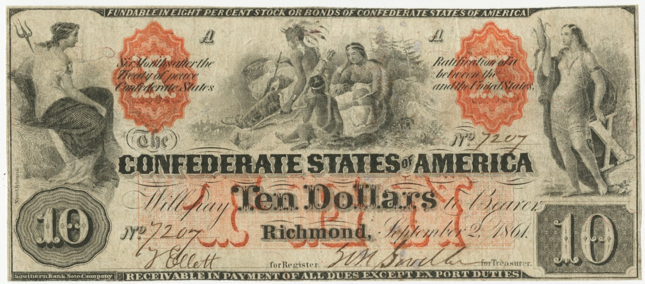 An old Confederate States of America ten-dollar bill featuring allegorical figures and the denomination 10. It is dated September 2, 1861, printed in Richmond, and includes intricate designs and text.