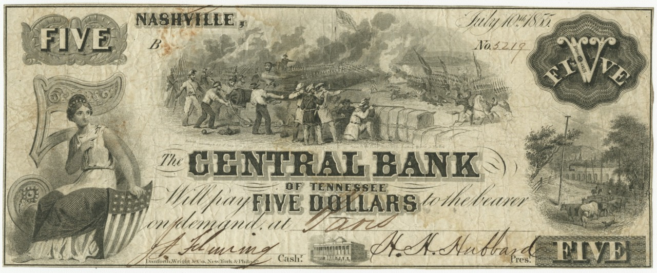 An old five-dollar banknote from the Central Bank of Tennessee, dated July 10, 1856. It features allegorical figures, civil war imagery, and the number five prominently displayed. The note is marked as issued in Nashville.