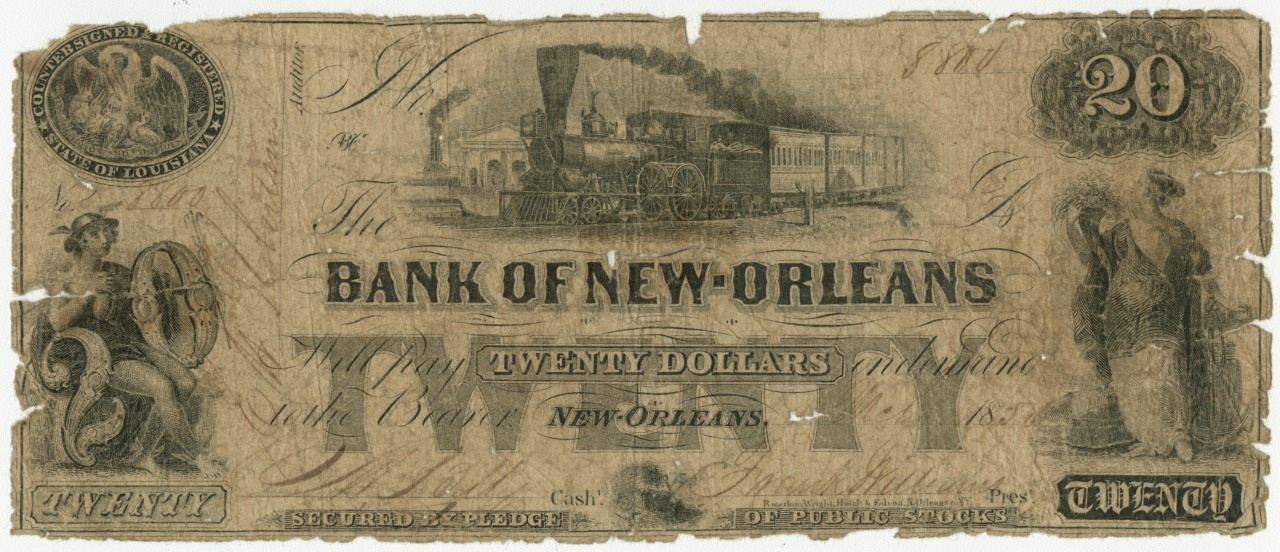 Old $20 banknote from the Bank of New Orleans featuring a steam locomotive, an eagle seal, and allegorical figures. The note is worn and has visible signs of age.