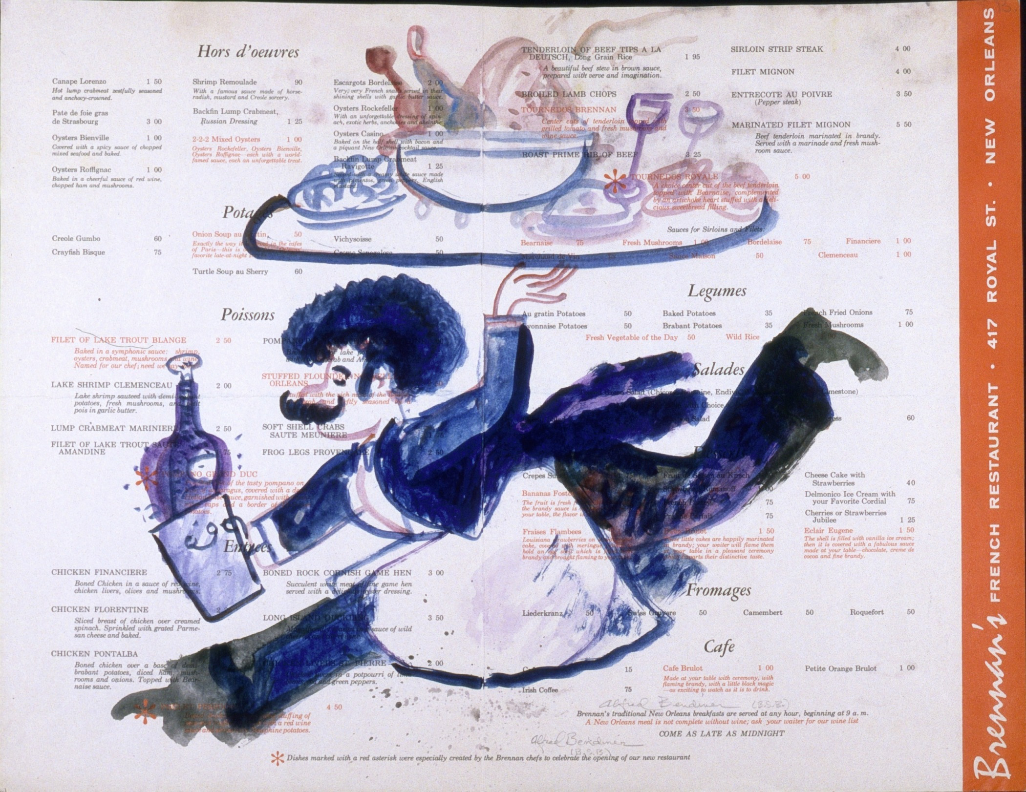 A whimsical illustration of a waiter in a chefs hat, running with a tray of food and wine. The background features a vintage menu from Brennans French Restaurant in New Orleans, showcasing various dishes and prices.