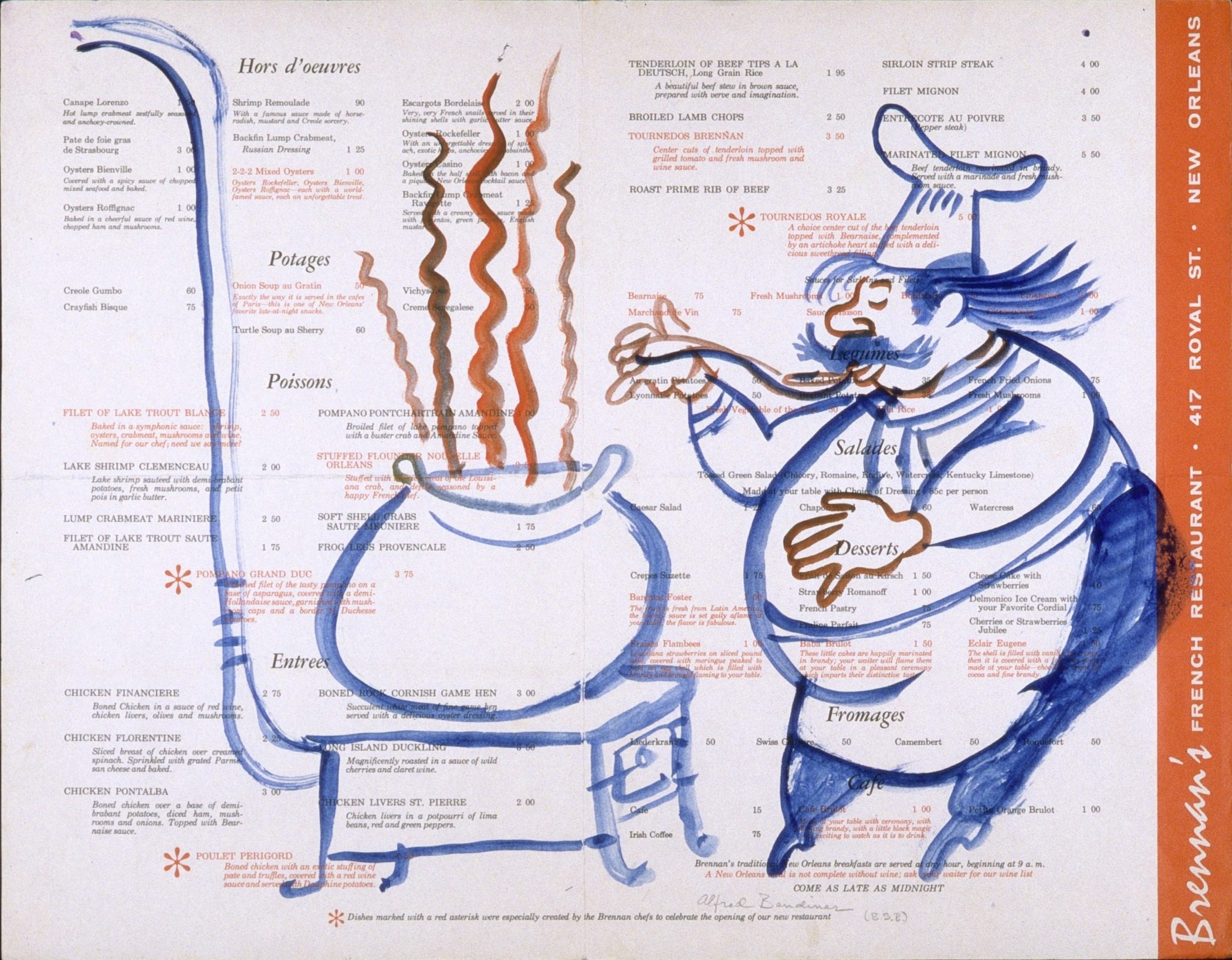 Illustrated vintage menu from Brennans Restaurant, New Orleans. A chef stands next to a steaming pot, surrounded by handwritten menu items. The chef wears a tall hat and apron. The menu lists French dishes under categories like Hors doeuvres and Poissons.