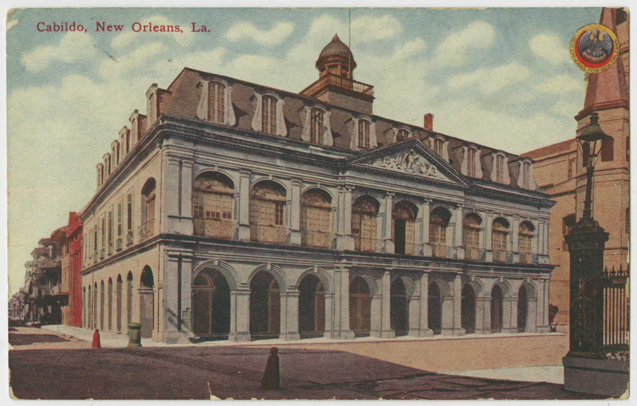 A vintage postcard depicting the Cabildo in New Orleans, Louisiana. The historic building features classic architecture with arched windows and a mansard roof. A few people are walking nearby.