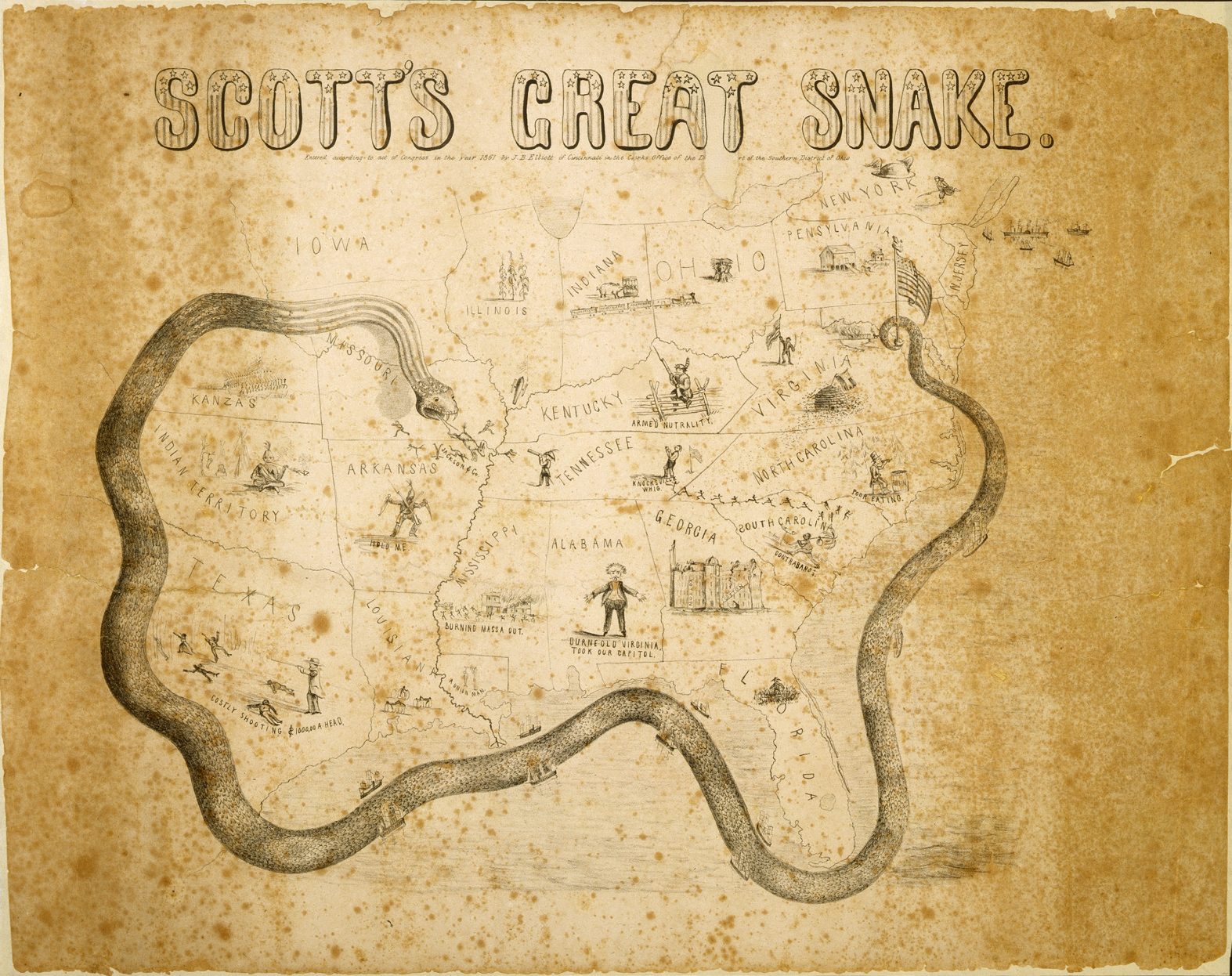 A cartoon of a giant snake encircling the Confederate states, blocking boats from reaching the coasts.