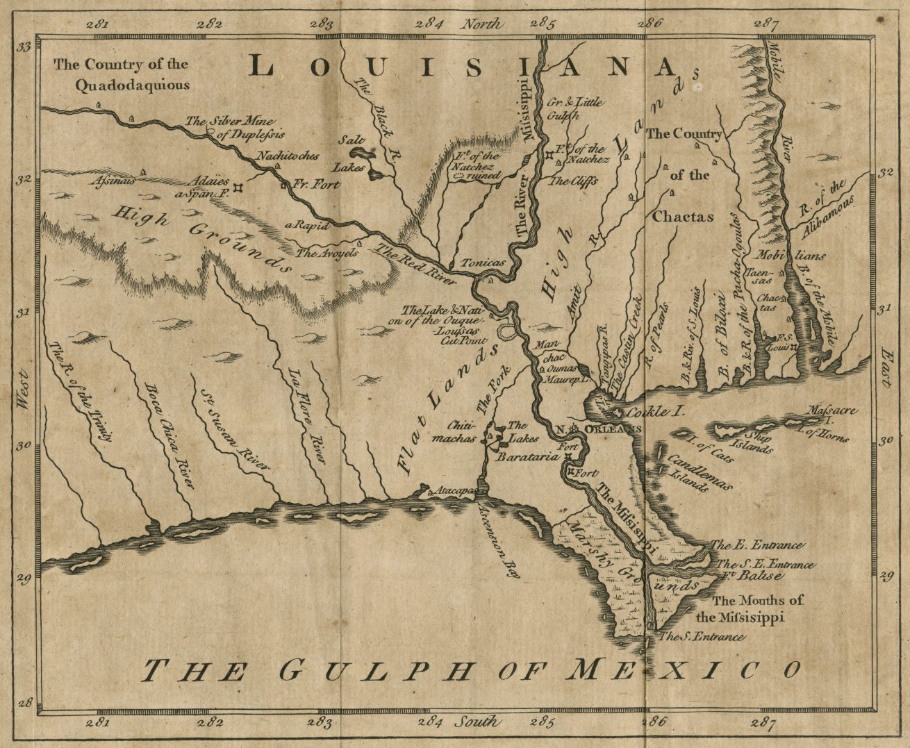 Engraved map of the lower Mississippi, Mobile River and Red River, from the English edition of Le Page du Pratz’s “Histoire de la Louisiane,” 1763.