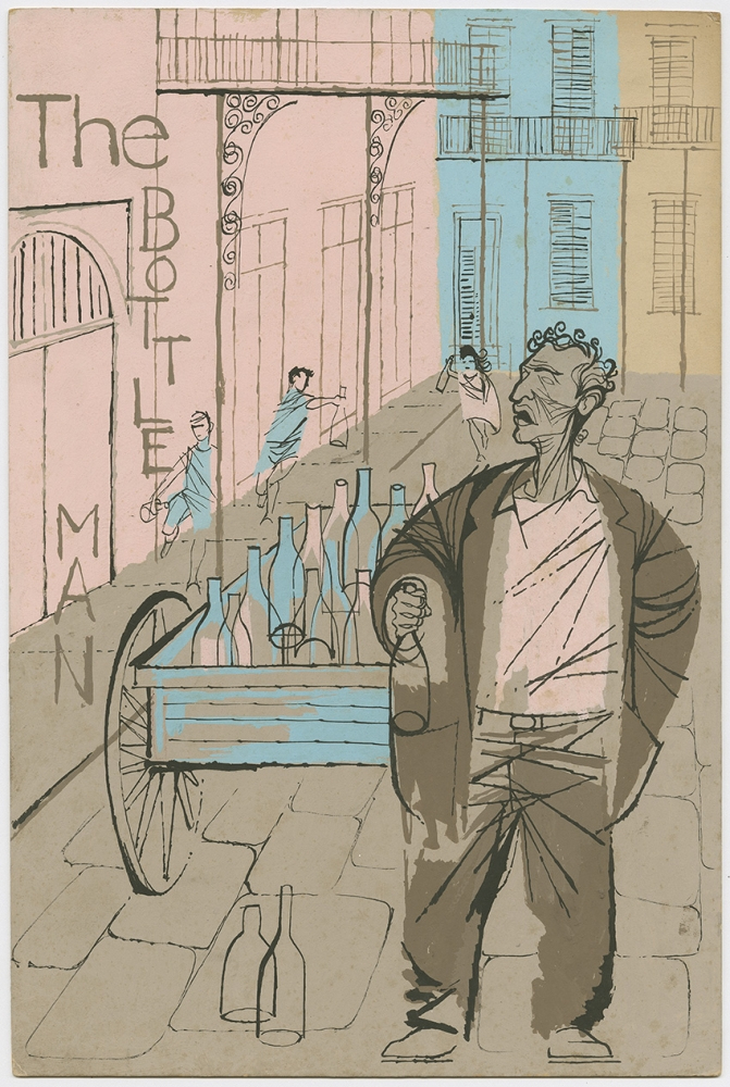 Illustration of a man standing beside a cart full of bottles on a cobblestone street. Buildings with balconies line the street, and two other people can be seen walking in the background. The text The Bottle Man is written on the side.