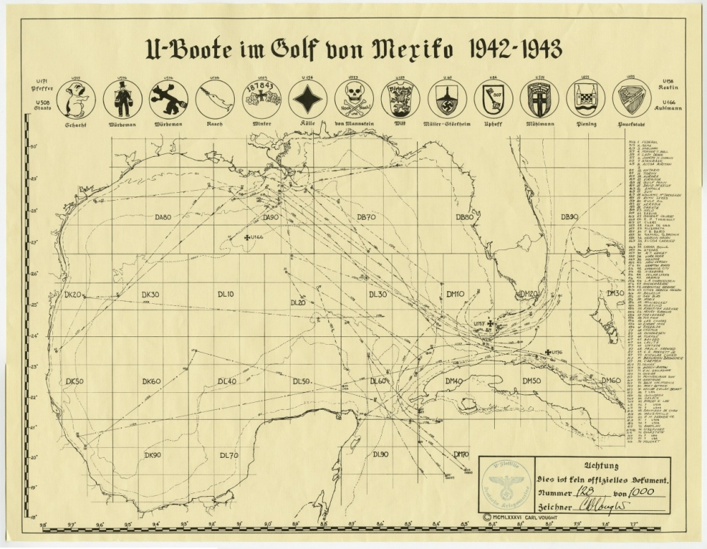 Map titled U-Boote im Golf von Mexico 1942-1943 showing U-boat routes in the Gulf of Mexico. Includes various military emblems and a grid with plotted lines. Text in German with a legend on the lower right.