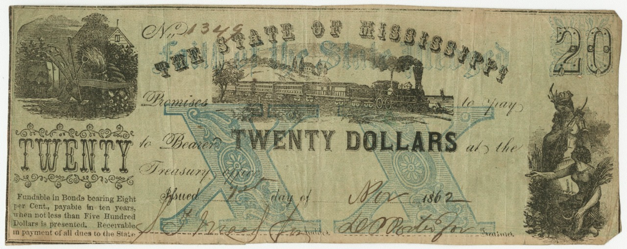 Vintage Mississippi banknote for twenty dollars featuring a train, decorative engravings, and handwritten details. Dated November 1862, it includes the state name and denomination prominently displayed.