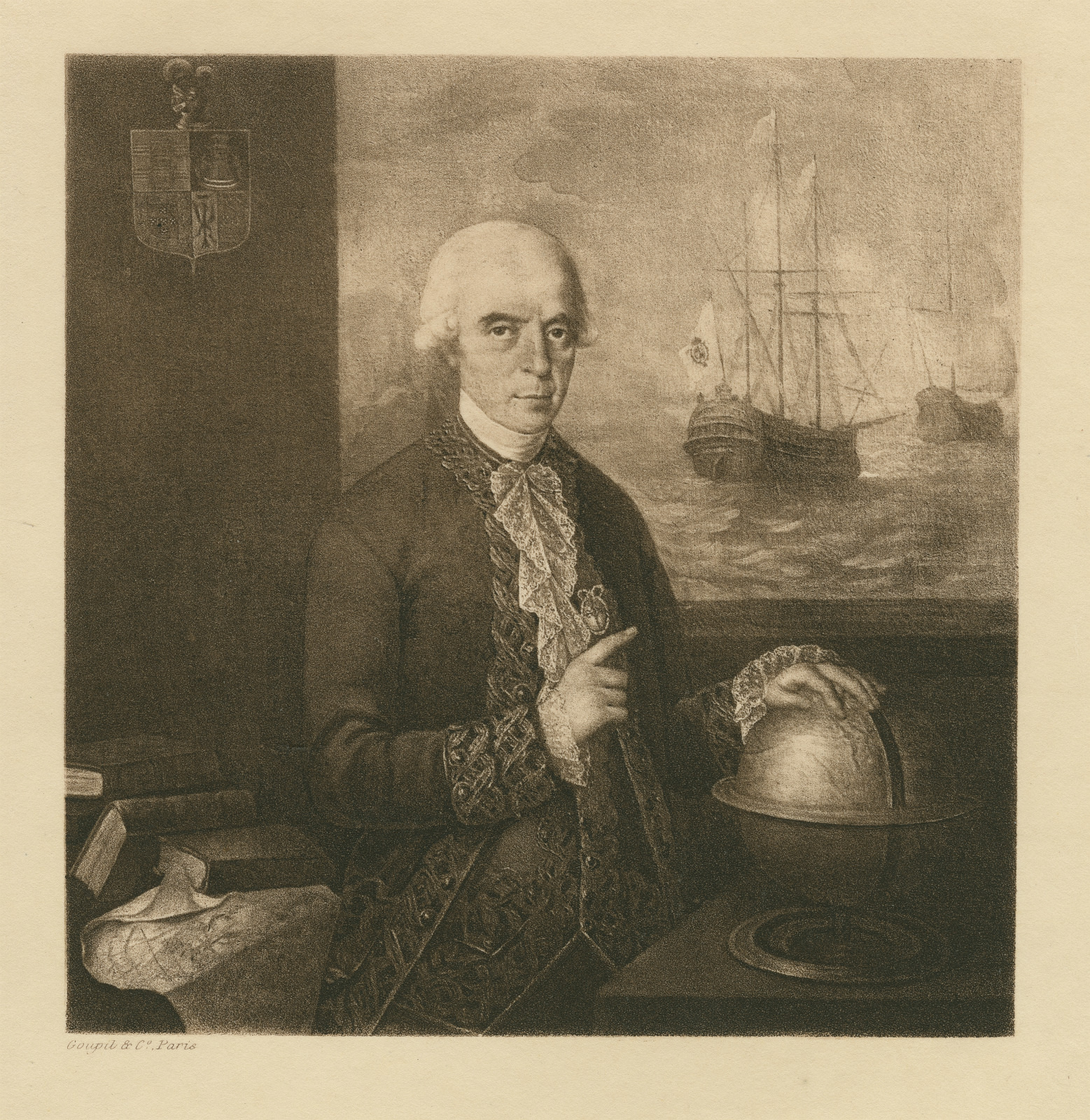 A sepia-toned portrait of a man in 18th-century attire pointing at a globe. Behind him, a detailed painting of sailing ships on the sea is visible. There are books and a map on the table beside the globe.