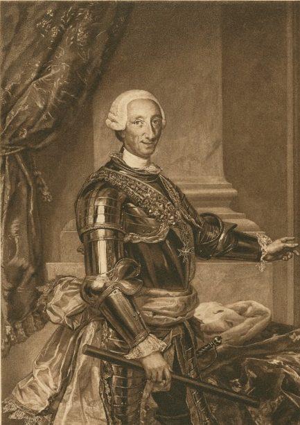 A historical portrait of a man in ornate armor with a white wig, standing indoors. He holds a baton in one hand and gestures with the other. Lavish drapery and a column are in the background, adding to the regal setting. The image is sepia-toned.