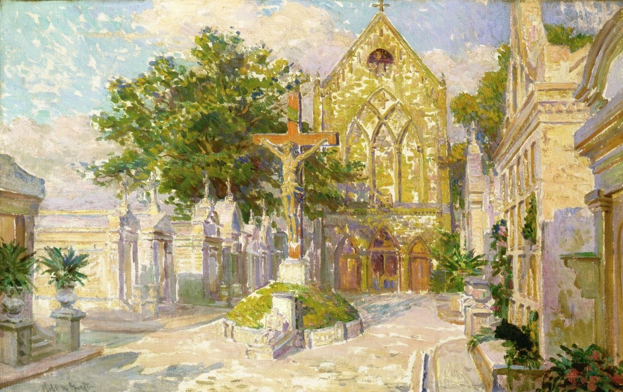 A painting of a bright, sunny courtyard featuring a Gothic-style church with a large wooden cross in front. The scene is surrounded by lush trees and ornate stone buildings, creating a serene and picturesque atmosphere.
