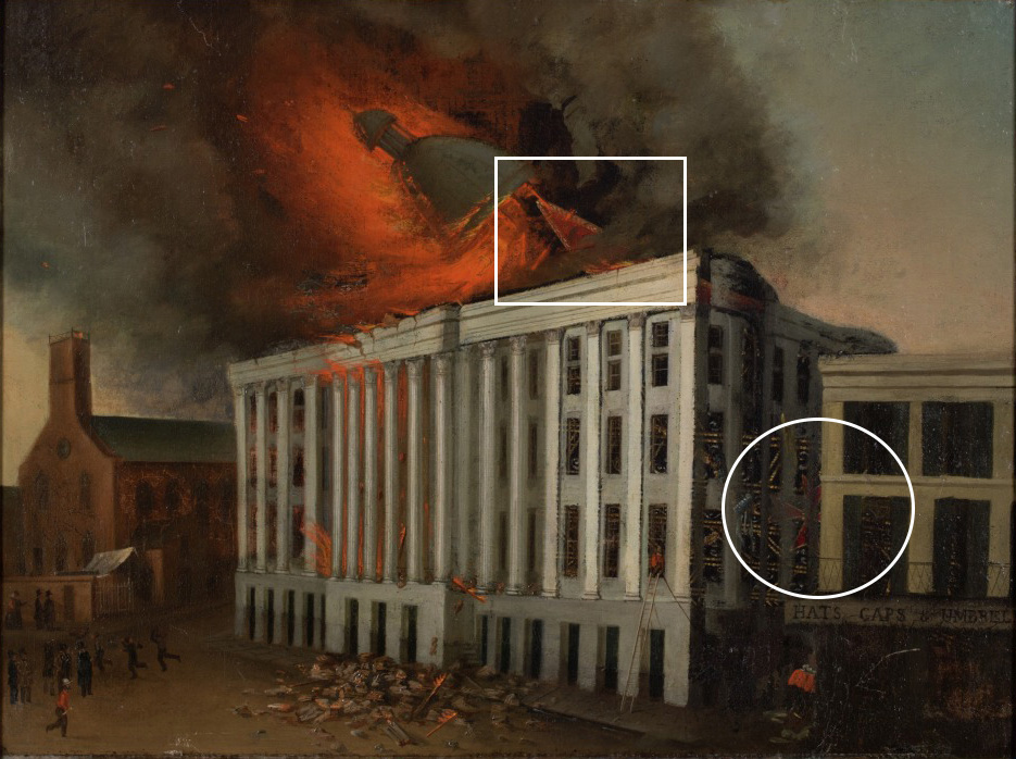 A historic painting depicting a large, four-story building engulfed in flames, with billowing smoke. People are gathered outside, observing and responding to the fire. The foreground shows debris and ongoing chaos during the event.